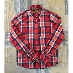 Hollister Striped Regular Size Red Long Sleeve Collard Button Up Large
